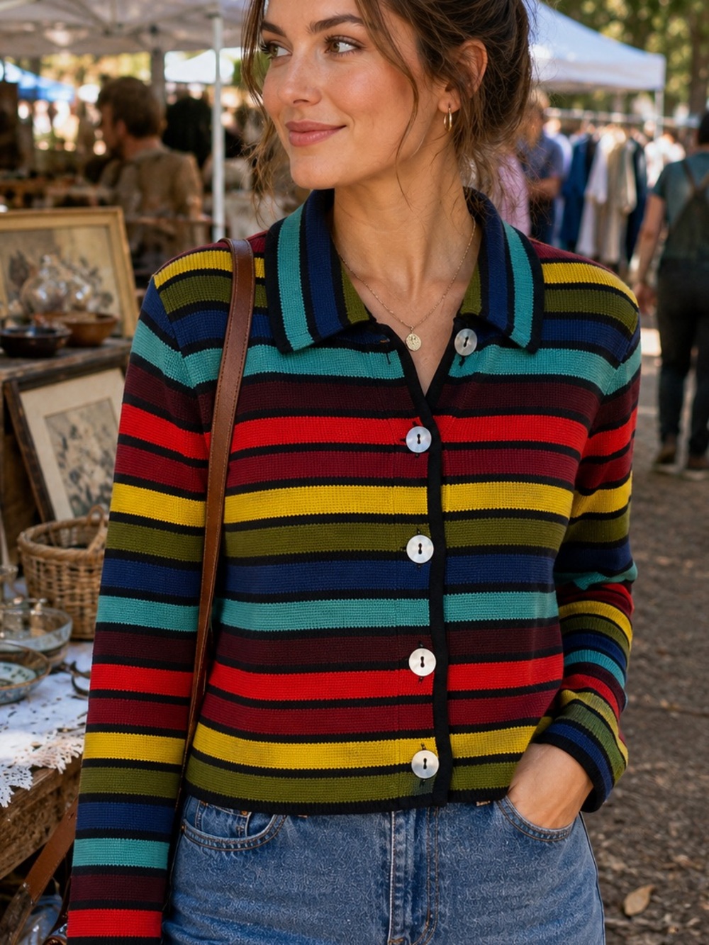 NM Essentials Neiman Marcus Striped Cropped Cardigan Sweater L Retro Y2K